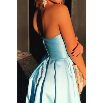 A Line Strapless Light Blue Satin High Split Prom Dress HZ1023